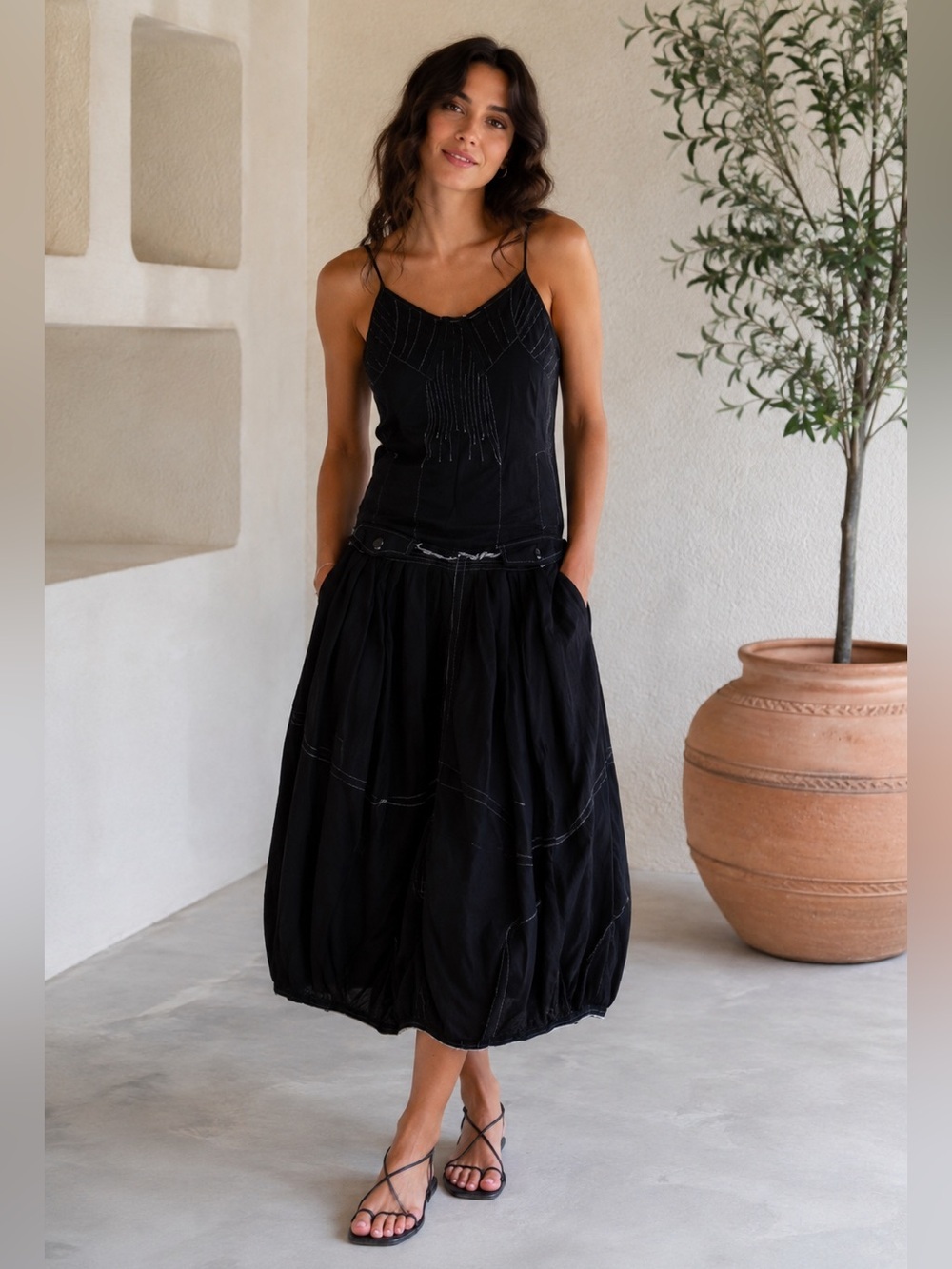Chaudry KC Black Boho Drop Waist Cotton Midi Maxi Dress NWT Size Small Festival